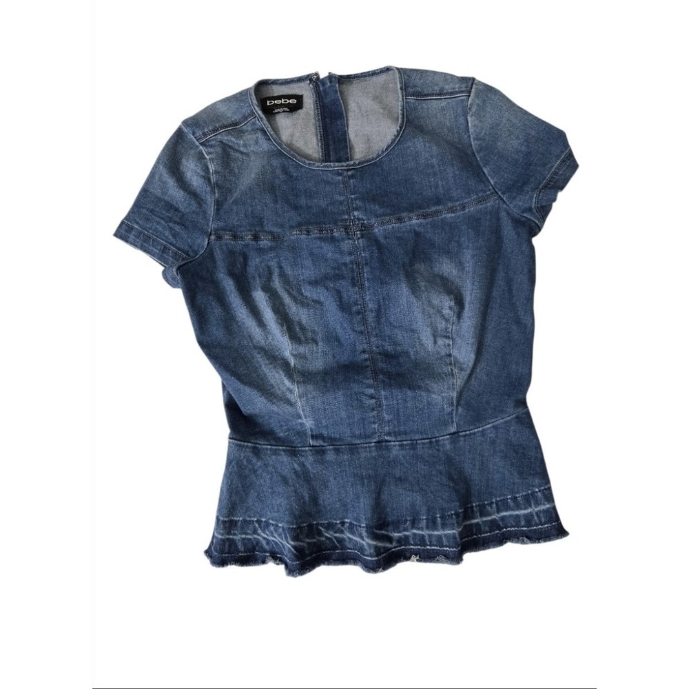 Bebe Denim Peplum Top Blue Sara Wash Short Sleeve Full Zip Back Size Small S
